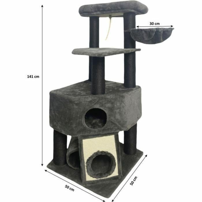 GUILY Rascador para gatos gris oscuro - 50 x 50 x 141 cm - Gris oscuro - 2 plataformas, 1 percha, 1 cabaña, 1 rampa, 1 túnel 1