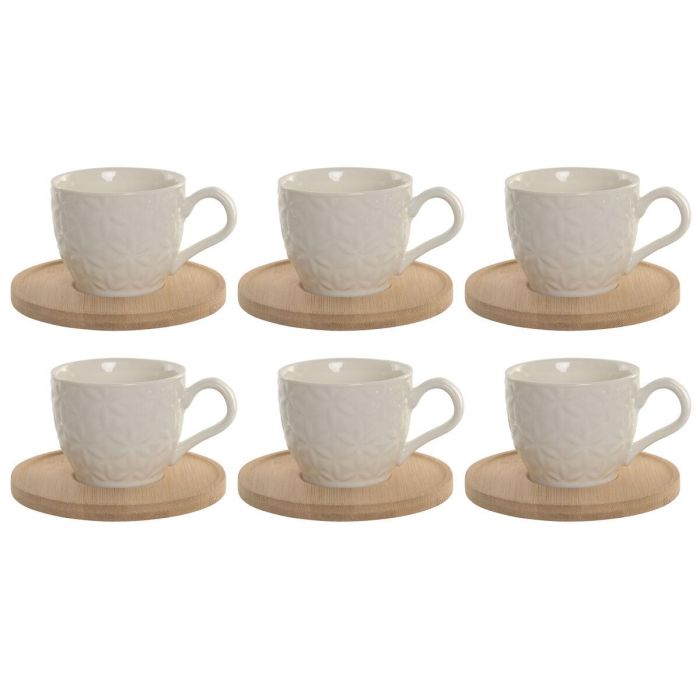 DKD Home Decor Tazas de Cafe Blancas de Porcelana y Bambu, Set de 6 Piezas, 90ml, Apto Microondas y Lavavajillas, 6.4 x 5.2 x 8.8 cm