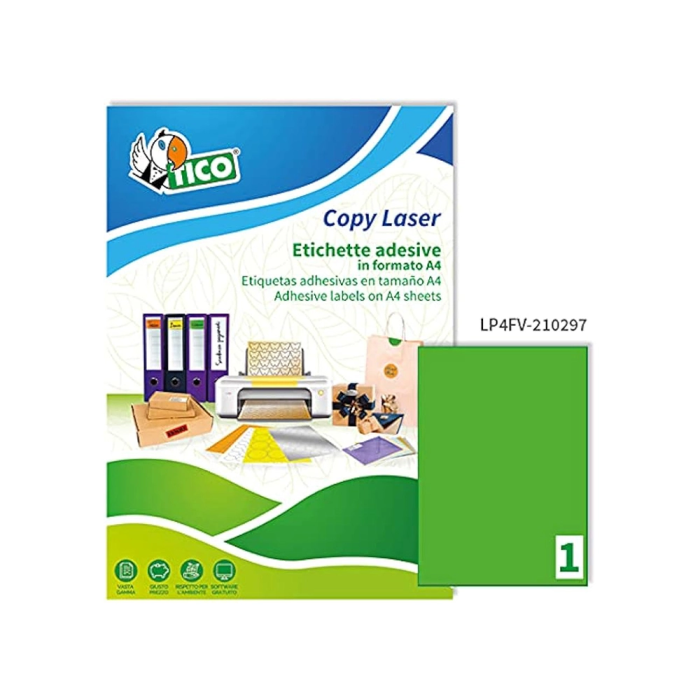 Avery Etiqueta Adhesiva Verde Fluorescente Permanente FSC para Laser/Inkjet/Fotocopia 210x297 mm Caja 70 Unidades 1