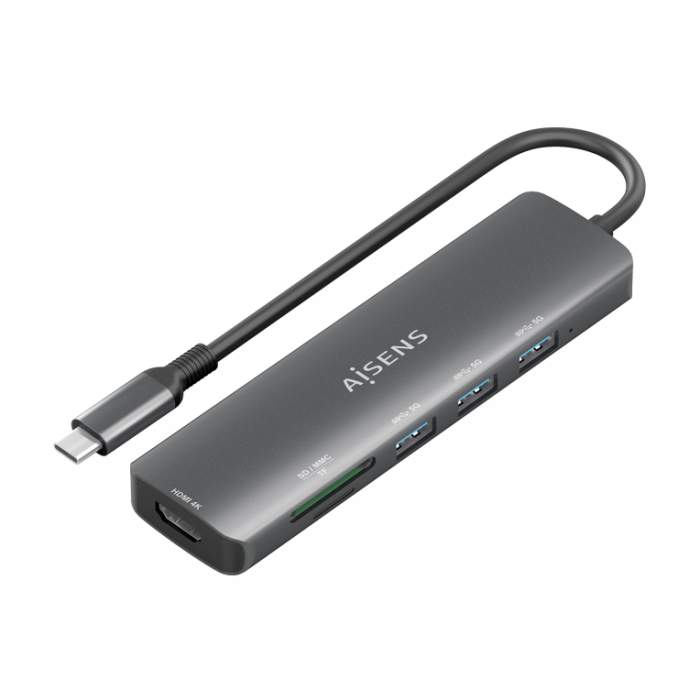 AISENS ASUC-6P024-GR Docking Station USB-C 6 en 1 con HDMI 4K@30Hz, 3 Puertos USB-A 3.0, Lector SD/MicroSD y Carcasa Aluminio Gris