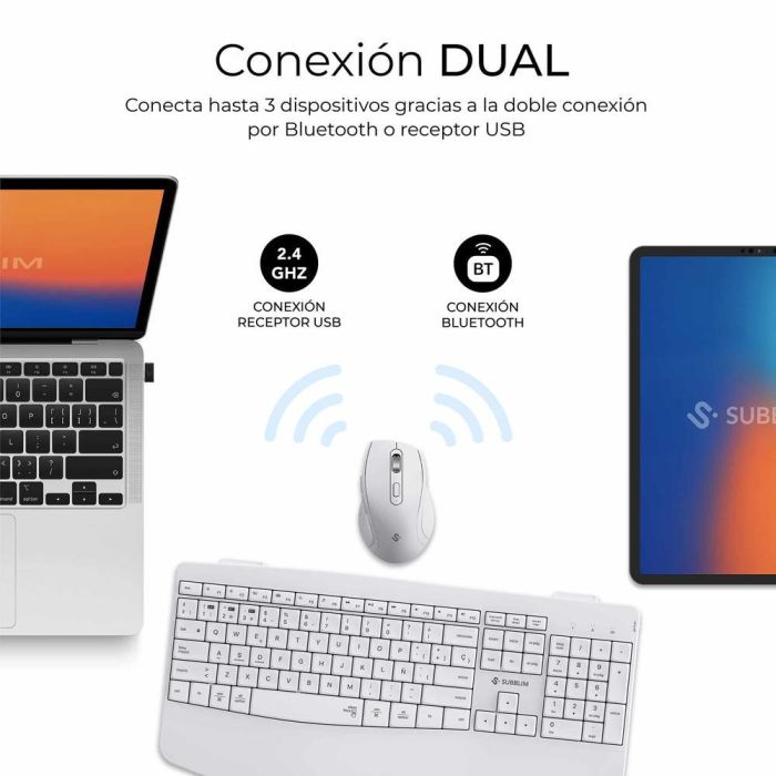 Subblim SUBKBC-DCOPW1 Teclado y Ratón Inalámbrico Ergonómico Combo Dual Office Prowave, BT+USB, Recargable, Silencioso, Blanco 1 Subblim SUBKBC-DCOPW1 Teclado y Ratón Inalámbrico Ergonómico Combo Dual Office Prowave, BT+USB, Recargable, Silencioso, Blanco 1