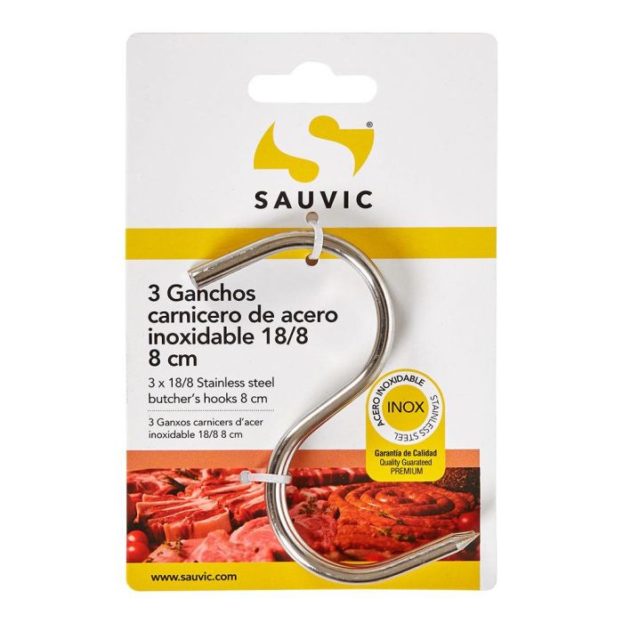 Sauvic Gancho carnicero acero inoxidable 18/8, 8 cm x 4 mm, blister 3 unidades