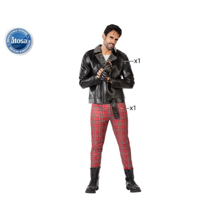 Disfraz Punky Años 80 para Hombre Adulto con Chaqueta de Cuero Simulado con Tachuelas y Pantalón Estampado Escocés Rojo XS-S Disfraz Punky Años 80 para Hombre Adulto con Chaqueta de Cuero Simulado con Tachuelas y Pantalón Estampado Escocés Rojo XS-S