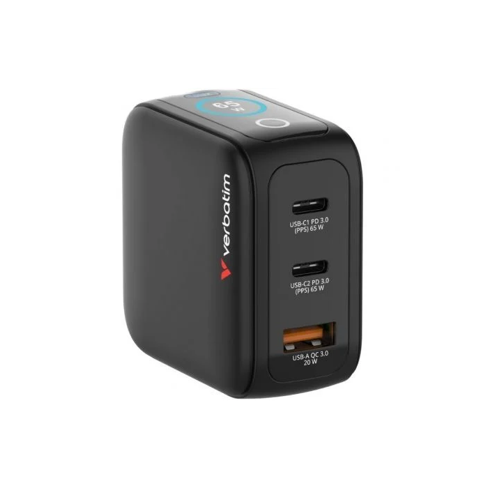 Verbatim Mini Cargador GaN 65W con Pantalla, 2xUSB-C PD, 1xUSB-A QC 3.0, Universal 100-240V, 30238 1 Verbatim Mini Cargador GaN 65W con Pantalla, 2xUSB-C PD, 1xUSB-A QC 3.0, Universal 100-240V, 30238 1