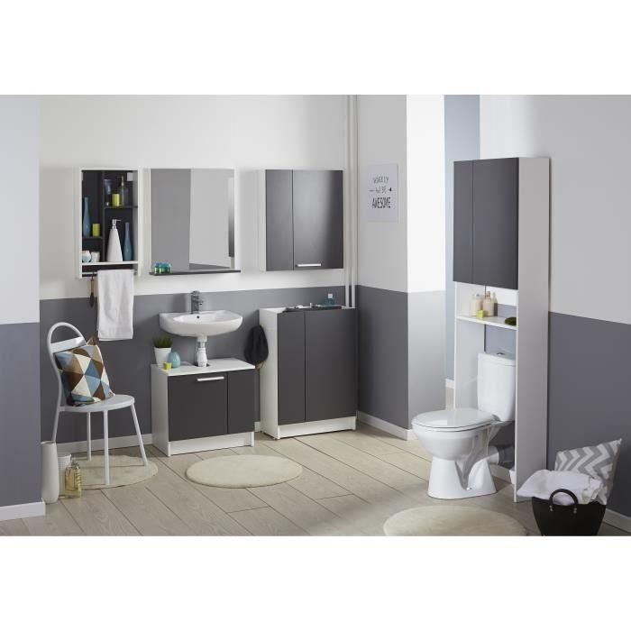 Mueble lavabo VERSA de 2 puertas - Gris sombra y blanco - L 59 x P 38 x 55 cm 3