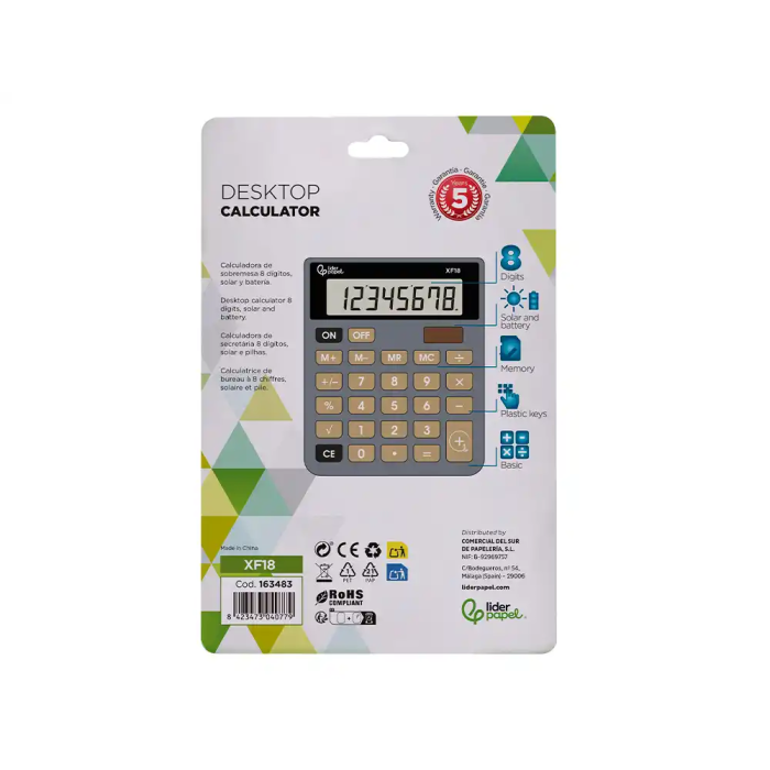 Liderpapel xf18 Calculadora de sobremesa, 8 dígitos, solar y pilas, gris, 127x105x24 mm 4