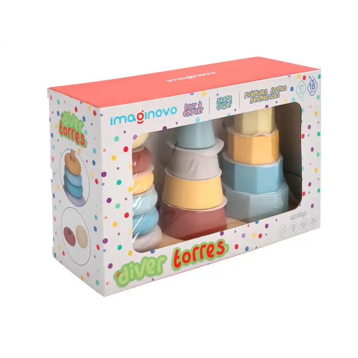 Imaginovo Torre de Formas Apilables Madera Infantil +18 Meses 17 Piezas 28x20x9cm Juguete Educativo 8