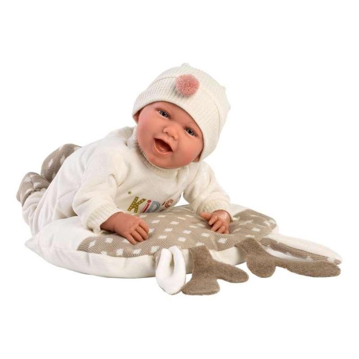 Llorens Muñeco recién nacido Mimi Sonrisas con peto Kids Zone, chupete y cojín reno 40 cm cuerpo tela, emite sonidos 9