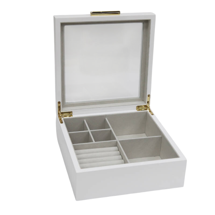 DKD Home Decor Joyero Tradicional Blanco Beige Madera Cristal 21 x 20.5 x 8.5 cm