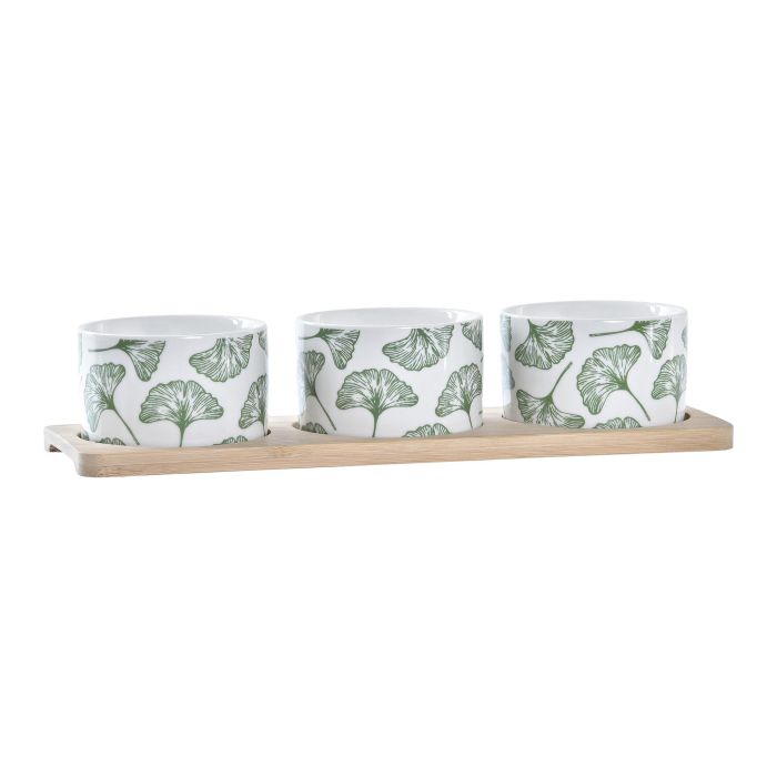 DKD Home Decor Tabla Aperitivo Tropical Set de 4, Hojas Verde Blanco, Gres y Bambú, 28x9.7x1.5 cm