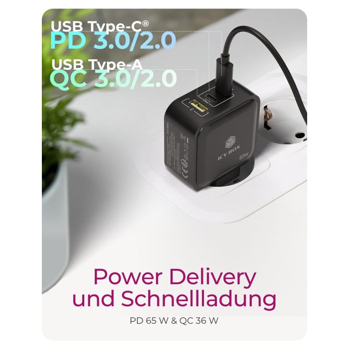 ICY BOX Cargador GaN 65W 3 Puertos PD 3.0 Negro IB-PS1030-PD 5