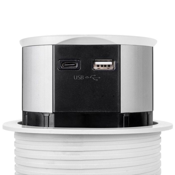 Emuca Multiconector extraíble Vertikal Push diámetro 100mm, 3 enchufes tipo Schuko, 1 USB tipo A, 1 USB tipo C, Acero y Plástico, Pintado blanco 2 Emuca Multiconector extraíble Vertikal Push diámetro 100mm, 3 enchufes tipo Schuko, 1 USB tipo A, 1 USB tipo C, Acero y Plástico, Pintado blanco 2