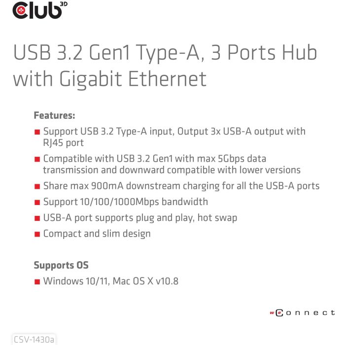 Club3D Hub USB 3.2 Gen 1 Tipo-A con 3 Puertos y Adaptador Gigabit Ethernet, Negro, Conectividad Alámbrica 8 Club3D Hub USB 3.2 Gen 1 Tipo-A con 3 Puertos y Adaptador Gigabit Ethernet, Negro, Conectividad Alámbrica 8