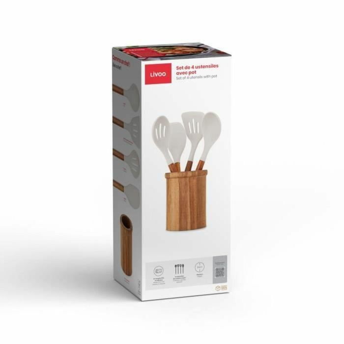 LIVOO MES153G - Juego de 4 Utensilios de Cocina con Olla - Acacia FSC y Silicona - Olla 15x12cm, Utensilios 31cm 2