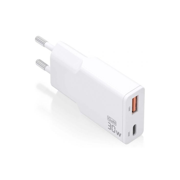 Cargador GaN de Pared Aisens ASCH-30W2P046-W/ 1xUSB Tipo-C/ 1xUSB/ 30W/ Blanco