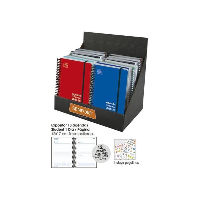 Agenda Escolar (2025-26) Senfort Student Unicolor Espiral Tapa Pp Con Goma 120X170 D/P Surtido Expositor De 18