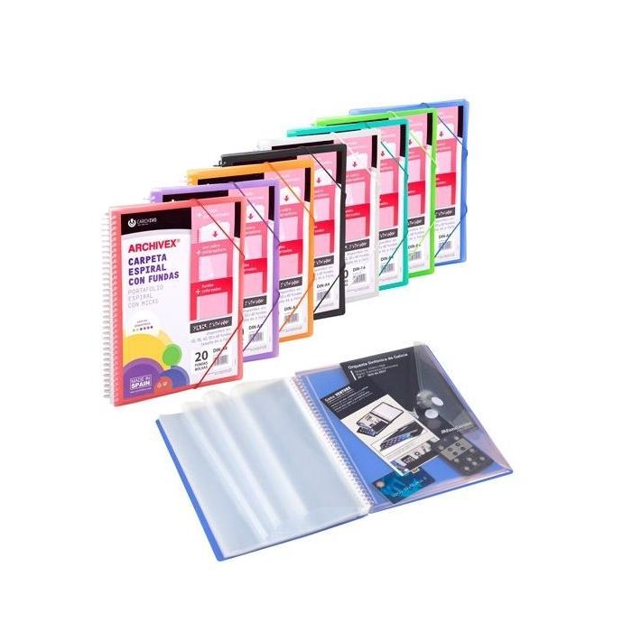 Carchivo Carpeta Espiral A4 con 20 Fundas PP, Cierre con Goma y Portada Canguro Personalizable