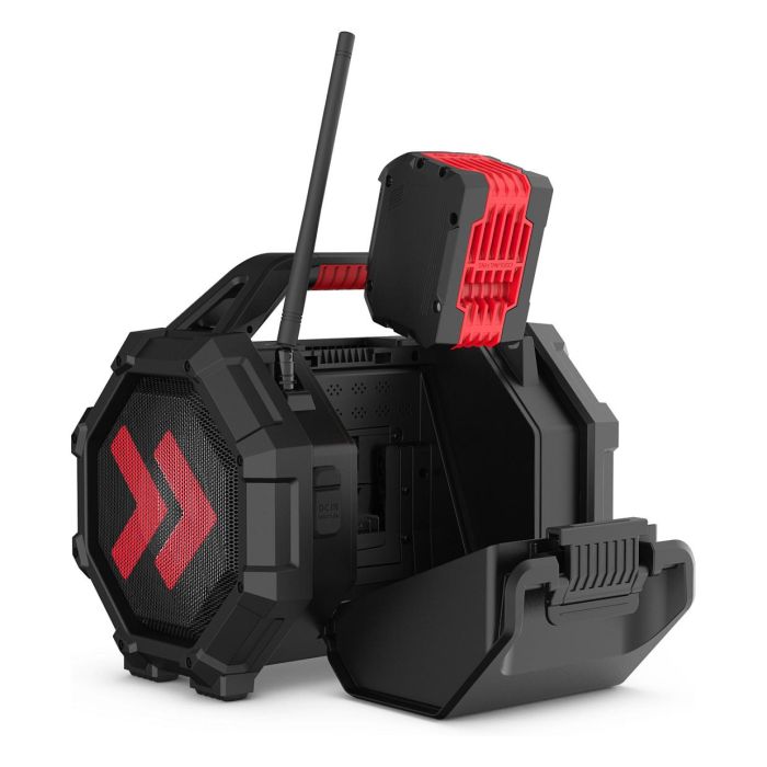 PerfectPro ROCKTAGON Radio de obra digital 30W DAB+ FM Bluetooth 5.2 IP65, 4 altavoces, compatible baterías 18V Bosch Makita DeWalt Milwaukee, USB, Negro/Rojo