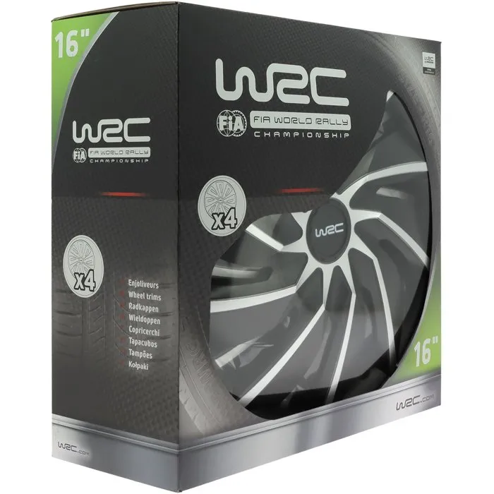 WRC 4 Enjo Bi-colo 16 TURBO Tapacubos para Ruedas de 16 Pulgadas, Juego de 4, Diseño Deportivo Bicolor Negro Mate y Gris Plateado 4