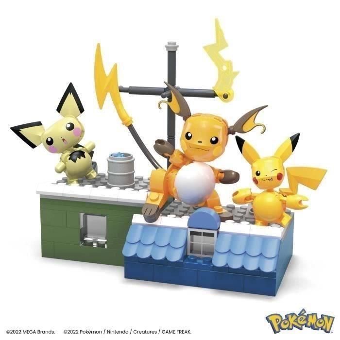 Mega Bloks Hkt23 - Set de Construcción Pokémon Evoluciones Pikachu, Pichu, Raichu Figuras Articuladas con Entorno Azotea 1