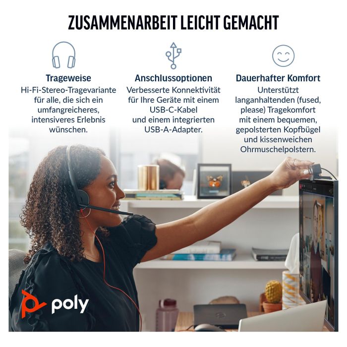 HP Poly Auriculares Blackwire C3320 Diadema Estéreo USB con Micrófono y Control de Volumen, Negro 1