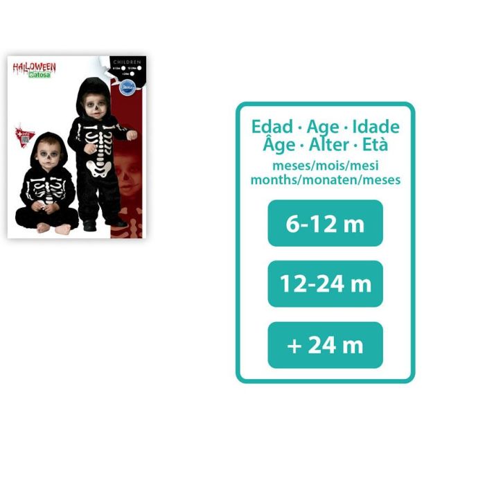 Disfraz Esqueleto Bebé Clásico con Mono Negro y Huesos Blancos para Halloween 6-12 Meses de Poliéster 1 Disfraz Esqueleto Bebé Clásico con Mono Negro y Huesos Blancos para Halloween 6-12 Meses de Poliéster 1