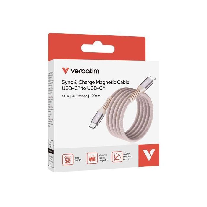 Verbatim Cable Magnético USB-C a USB-C Rosa 1.2m - PD 3.0, QC 3.0, 480Mbps, 60W