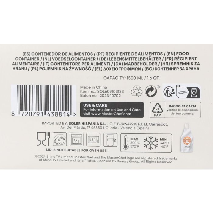 Masterchef Fiambrera Hermética Rectangular 1500 ml - 22,5 cm largo x 17 cm ancho x 7,5 cm alto (6 Unidades) 2