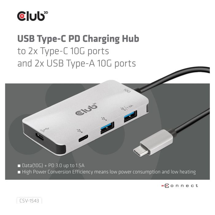 Club 3D CSV-1543 Adaptador Hub USB-C a 2x USB-C + 2x USB-A 3.2 Gen 2 con Carga de 100 W, Plata y Negro Club 3D CSV-1543 Adaptador Hub USB-C a 2x USB-C + 2x USB-A 3.2 Gen 2 con Carga de 100 W, Plata y Negro