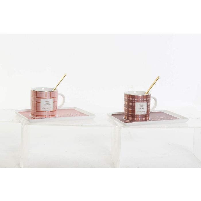 DKD Home Decor Mug Glam New Bone Rosa Marrón Apto Microondas y Lavavajillas, 4 Sets de 3 Piezas (12 Mugs)
