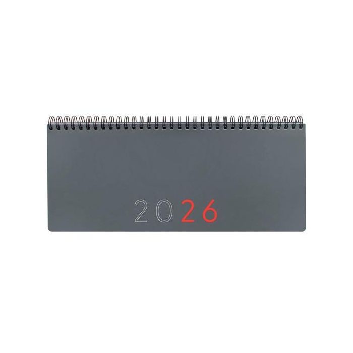 Finocam Planificador Agenda + Notas 290x116 mm Semana Vista Gris 2026 – Sobremesa, tapa polipropileno, espiral doble