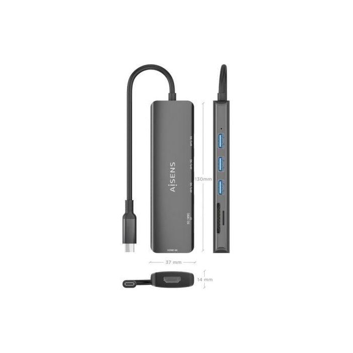 Docking USB Tipo-C Aisens ASUC-6P024-GR/ 1xHDMI/ 3xUSB/ 1xLector Tarjetas/ Gris 2