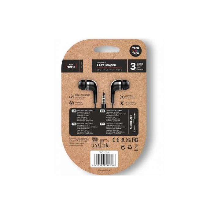 Eartech Auriculares Intraurales con Cable y Micrófono, Controles de Volumen, Conexión Mini Jack 3.5 mm, Compatibles con Apple/Android/Windows, Negro - Modelo Eartech