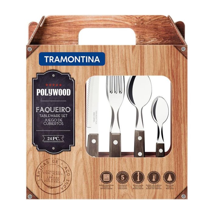 Tramontina Juego de cubiertos 24 piezas de acero inoxidable con mangos de madera polywood castaño 1 Tramontina Juego de cubiertos 24 piezas de acero inoxidable con mangos de madera polywood castaño 1