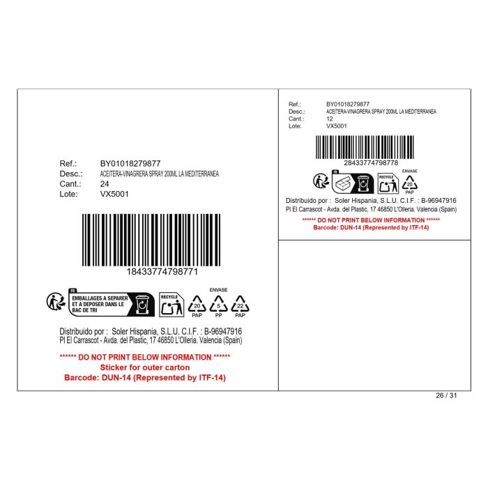 Inde Aceitera y Vinagrera en Spray 200 ml, Mediterránea, 5.5 x 5.5 x 16 cm (24 Unidades)