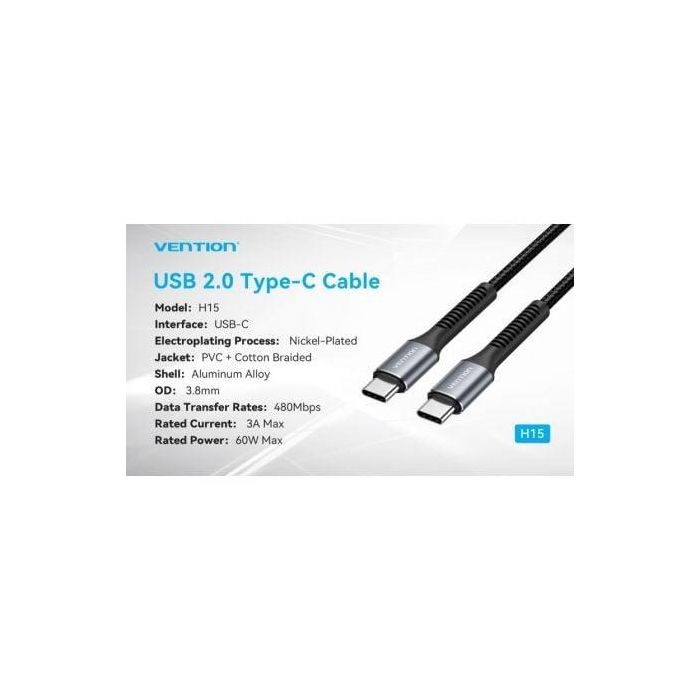 Cable USB Tipo-C Vention H15BF/ USB Tipo-C Macho - USB Tipo-C Macho/ 60W/ 480Mbps/ 1m/ Negro 2