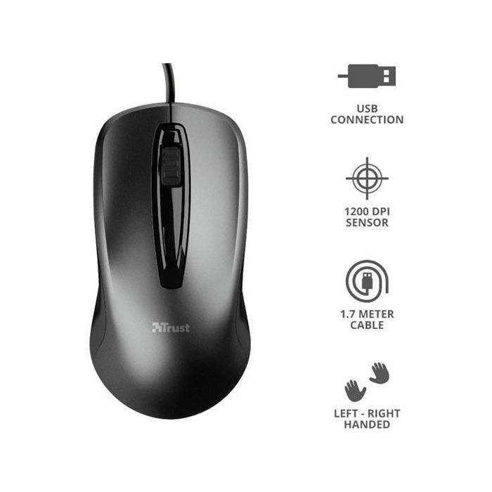 Trust Ratón Óptico Carve con Cable USB 1200DPI Ambidiestro 3 Botones Negro