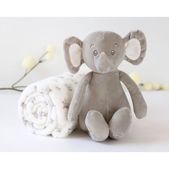 KioKids Elefante De Peluche Gris Con Mantita De Estrellas +0 Meses 25cm Peluche 100x100cm Manta Poliéster Suave Regalo Bebé