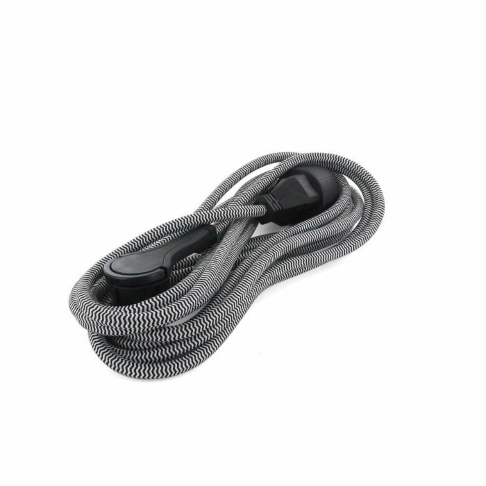 Chacon Prolongador Cable Textil 5m Enchufe Plano con Toma Tierra 3x1.5mm² 3680W Negro/Blanco Uso Interior Elegante