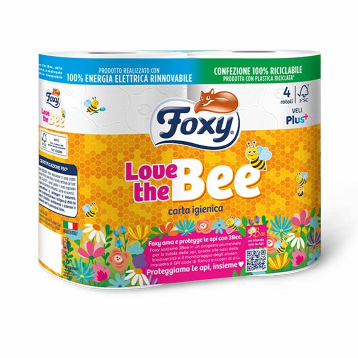 Foxy LOVE THE BEE Papel Higiénico 3 Capas 4 Rollos Suave Absorbente Aroma Miel Comprometido con las Abejas