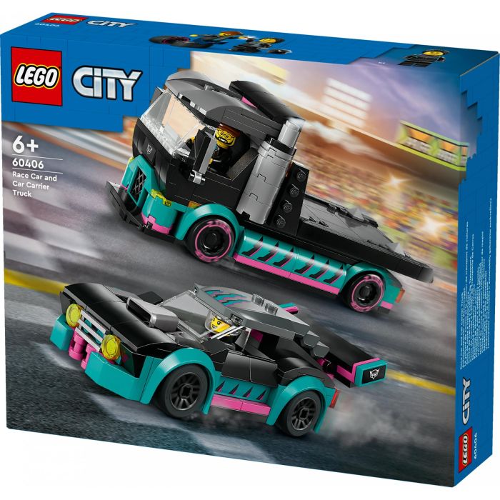 LEGO City Coche de Carreras y Camión de Transporte 60406 - Set de Construcción con 2 Minifiguras 10 LEGO City Coche de Carreras y Camión de Transporte 60406 - Set de Construcción con 2 Minifiguras 10