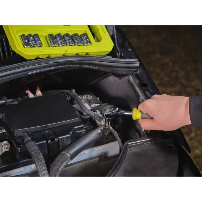 Ryobi RYO4892210225207 Llave de carraca de 90 dientes (4° recuperación), 8 vasos (8-15 mm) y adaptador 1/4" -> 3/8" 4