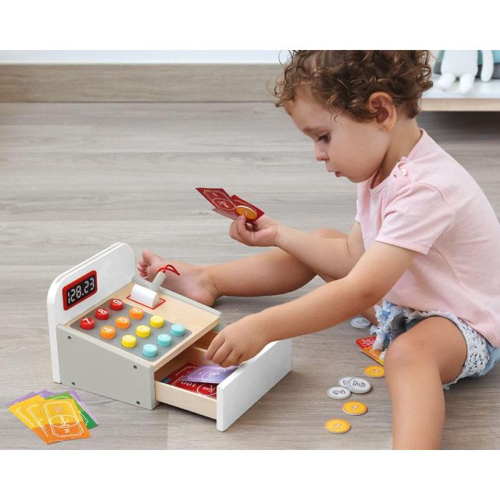 Juguete Caja Registradora de Madera para Niños +3 Años, Juego de Supermercado Educativo, Simulación de Compras y Conteo de Dinero 1