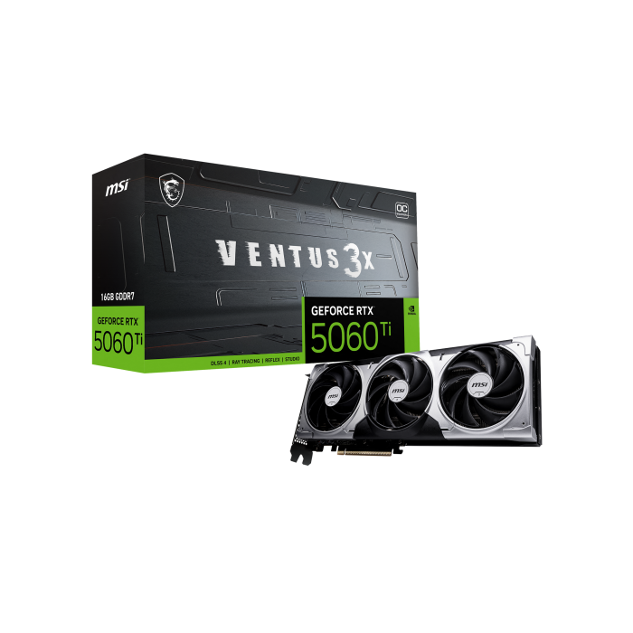 MSI Tarjeta Gráfica NVIDIA GeForce RTX 5060 Ti VENTUS 3X OC 16GB GDDR7 PCIe 5.0 con 4608 Núcleos CUDA y 2602 MHz