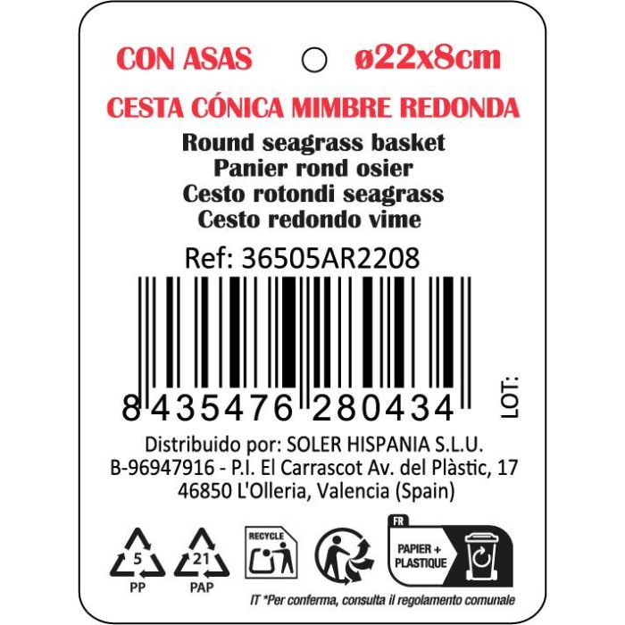 Inde Cesta Cónica Mimbre Redonda con Asa Ø22x8 cm (12 Unidades)