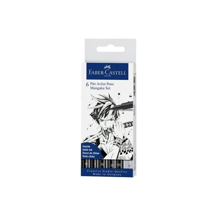 Faber-Castell Rotuladores Pitt Artist Pen Manga, tinta negra pigmentada, resistentes al agua y luz, 6 unidades