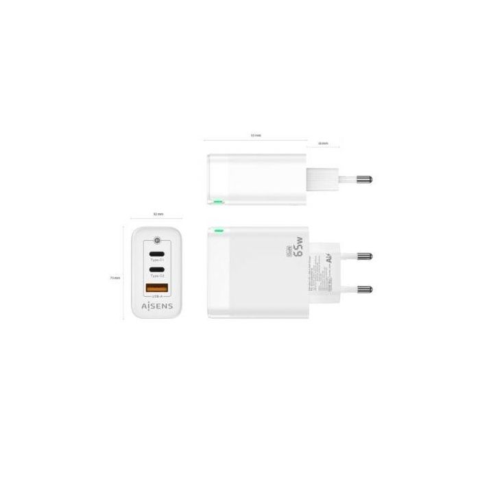 Aisens Cargador GaN 65W con 2 USB-C PD3.0 QC4.0 y 1 USB-A QC3.0, Blanco 2 Aisens Cargador GaN 65W con 2 USB-C PD3.0 QC4.0 y 1 USB-A QC3.0, Blanco 2