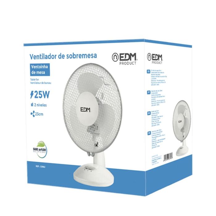 Ventilador de sobremesa. color blanco. potencia: 25w aspas: ø23 27x24x36cm edm 3