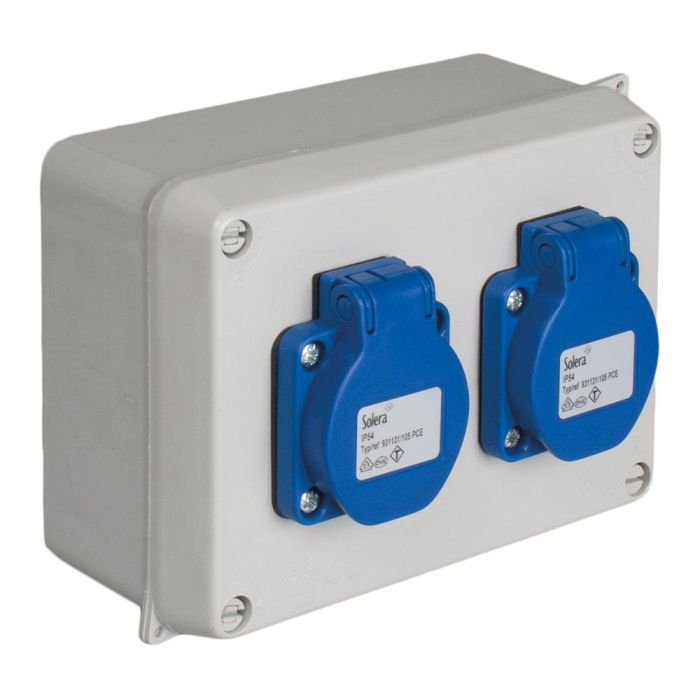 Caja estanca montada 153 x 100 x 65 mm con 2 bases tipo f 2p+t, 16a, 250v~, ip54 Caja estanca montada 153 x 100 x 65 mm con 2 bases tipo f 2p+t, 16a, 250v~, ip54