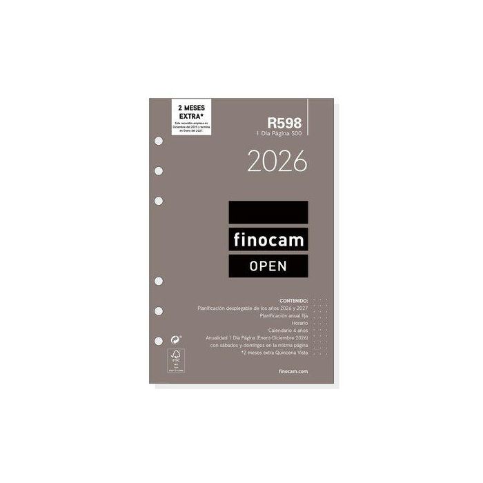 Finocam R598 500 Recambio Anual para Agenda de Anillas Open 1D/P 117x181 mm 12 Meses + 2 Meses Complementarios 2026